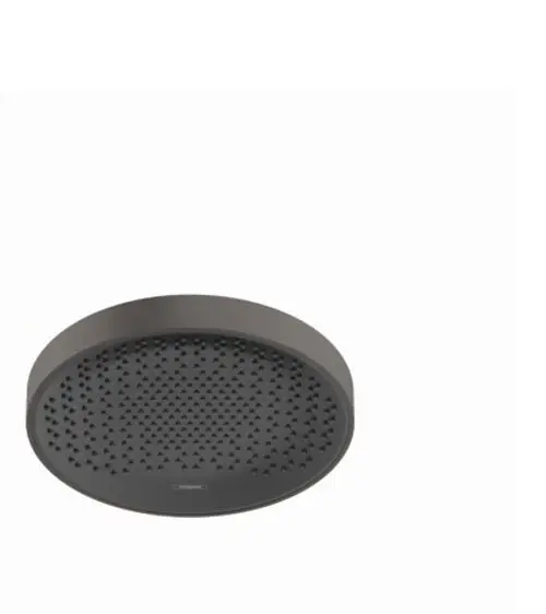 Runde Kopfbrause in mattem Schwarz mit strukturiertem Oberflächenmuster von Hansgrohe, ohne sichtbare Befestigungen und in schlichter Form.